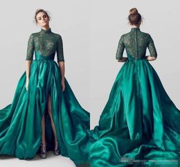 Emerald Green Satin Evening Dresses High Neck Half Sleeves Lace Formal Prom Party Gowns A Line Custom Special Occasion Wear Front Split
