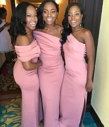 Dusty Bridesmaid Pink Dresses African Mermaid One Shoulder Pleats Side Split Country Plus Size Wedding Party Guest Maid Of Honour Gowns