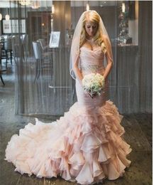 Blushing Pink Mermaid Sweetheart Colourful Wedding Dresses With Beaded Belt Ruffles Skirt Corset Back Modern Bridal Gowns Couture Custom Made