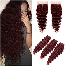 Deep Wave Brazilian Wine Red Human Hair Bundles with Top Closure Coloured #99J Burgundy 4x4 Lace Closure with Virgin Hair Weave Bundles