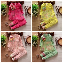Spring autumn girl clothing sets Long sleeve girls floral clothes suit flower dress+pants 2 pieces cotton 4 color