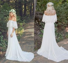 Off Shoulder Beach Wedding Dresses 2018 Chiffon Lace Sweep Train Bridal Wedding Gowns robe de mariee Custom Made