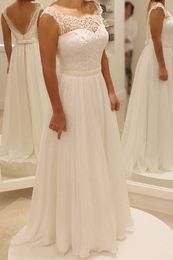 sheath wedding dress with overskirt UK - Simple Ivory A line Beach Summer Wedding Dresses Sheer Neck Low Back Chiffon Fitted Cheap Bohemian Country Bridal Gowns 2018 Beaded Sash