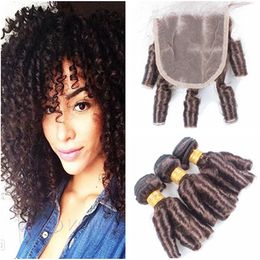 spring curl weave human hair UK - #4 Dark Brown Brazilian Aunty Funmi Human Hair Bundles with 4x4 Lace Closure Chocolate Brown Virgin Hair Weaves Spring Curls with Closure