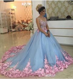 Gelo azul novas flores artesanais quinceanera rosa apliques doce 16 vestidos de baile vestidos de quinceaera vestidos de noite formais em camadas