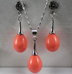 wholesale noble 12*16mm orange water drop shell pearl pendant & fu lucky earring jewelry set 002