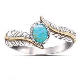 Retro Silver Feather Turquoise Ring Fashion Women Rings Band Ring Drop Ship