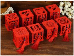 Wood Chinese Double Happiness Wedding Favour Boxes Candy Box Chinese Red Classical Hollow Sugar Case With Tassel