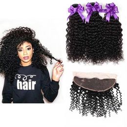 Brazilian Kinky Curly Human Hair Bundles with Frontal Brazilian Virgin Hair Weave Jerry Kinky Curly 3 Bundles with 13x4 Lace Frontal