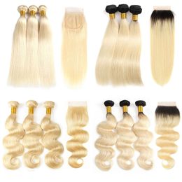 613 1B/613 Blonde Bundles With Closure Straight Body Wave Brazilian Human Hair Weave Bundles With 4*4 Free Part Lace Closure Wholesale Price