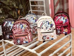 Kids Girls Backpacks 2018 Newest Korean Colourful Unicorn Sequins Panelled Shoulders Bags For Teenager Girl Kids Glitter Student School Bags