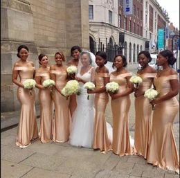 African Off The Shoulder Satin Mermaid Bridesmaid Dresses Ruched Floor Length Wedding Guest Gowns Maid Of Honour Dresses