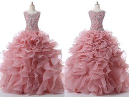 Fashion Dusty Rose Jewel Quinceanera Prom Dresses Ruffled Organza Sparkly crystal Rhinestones Sweet 16 Evening Formal Dresses Vestidos 15