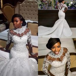 Luxury High Neck Mermaid Wedding Dresses Crystals Applique Long Sleeve Wedding Gowns Sweep Train White Bridal Dress Custom Made