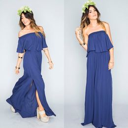 blue boho wedding dress UK - Boho Bridesmaid Dresses Cheap Flounce Off Shoulder Neckline A Line Floor Length Blue Chiffon Boho Wedding Dresses