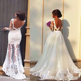 New Boho Lace Wedding Dresses With Detachable Train Jewel Neck Appliques Wedding Dress Long Sleeves Backless Bridal Gowns Robe de mariee