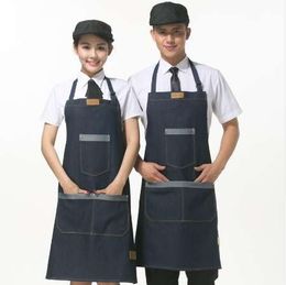 Jeans Aprons Denim Simple Uniform for Unisex Adult Coffee Tea shop Lady's Kitchen Cooking Pinafores E