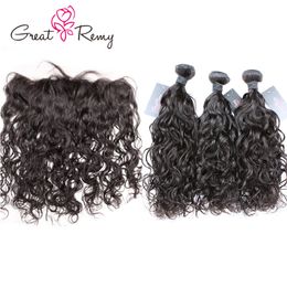 Greatremy Brazilian Natural Wave Mink Hair Weaves With Lace Frontal 13x4 Natural Loose Wave 3 Bundles with Ear to Ear Lace Frontal Closure