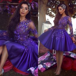 Stylish Sequined Prom Dresses With Long Sleeves Sheer Jewel Neck Beaded A Line Short Evening Gowns Vestidos De Fiesta Satin Formal Dress