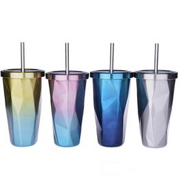 17oz Gradient diamond Straws Coffee Mug Double Wall Stainless Steel Vacuum Insulation 500ml Water Bottle flask Travel thermos mugs