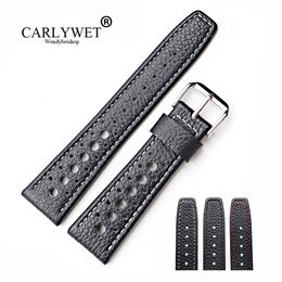 -CARLYWET 20 22mm echtes Kalbsleder handgefertigt schwarz mit weißen roten Nähten Armbanduhr Bandgurt