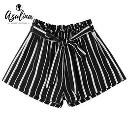 AZULINA WomenTie Belt Striped Shorts Elastic Waist Wide Leg Bowknot Shorts Casual Summer Shorts 2018 New Arrival Short Feminino