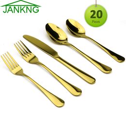 JANKNG 20-Piece Gold Dinnerware Wedding Golden Travel Cutlery Stainless Steel Tableware Knife Fork Scoops Silverware for 4