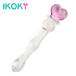 IKOKY Glass Dildo Pink Heart Crystal Masturbator for Female Vaginal and Anal Stimulation Lucid Sex Toys for Women Anal Beads Y18110504