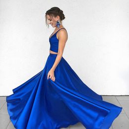 Simple Elegant Two Pieces Prom Dresses 2019 Royal Blue Deep V Neck Sleeveless Crop Top Floor Length Evening Party Gowns Cheap High Quality