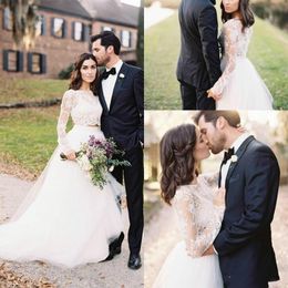 two piece wedding dress modest Canada - Modest Cheap Country Bohemian Two Piece Wedding Dresses Jewel Illusion Top Lace Long Sleeves Bridal Gown Covered glamorous robe de mariée