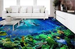 papel de parede Underwater world porthole Dolphin 3D three-dimensional painted floor self adhesive wallpaper