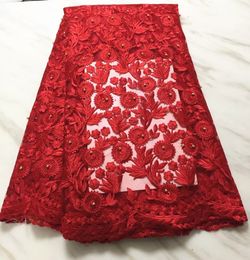 5 Yards/pc Gorgeous red flower embroidery french net lace with beads for african mesh lace fabric for dress BN92-3
