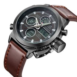 Fashion Brown Leather and nylon Men's Military Watch Waterproof Analog Digital Sports Watches for Men 2018262H