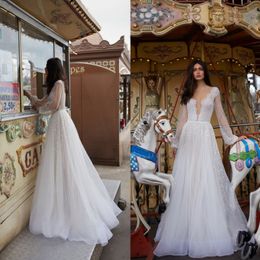 Julie Vino 2019 Long Sleeve Wedding Dresses Sexy Lace Beaded Deep V Neck Sequins A Line Boho Bridal Gowns