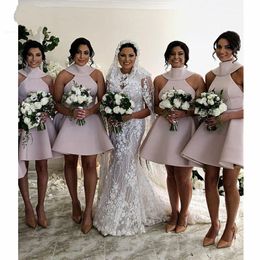 2019 Vintage Short Bridesmaid Dresses High Neck Sexy V Backless Big Bow Satin Party Dress Wedding Guest Dress Bridal Dress For Girls Cheap
