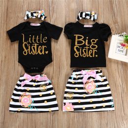 Toddler Clothes Baby Clothing Kids Girls Clothes Set Big Sister T-shirt Skirt Little Sister Romper Skirt Headband Matching Family Outfits