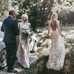 Boho Beach Mermaid Wedding Dresses 2018 Full Lace Plus Size Country Garden Wedding Gowns High Neck Long Sleeves Backless Bridal Dress