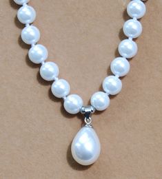 Hand knotted charming necklace 8mm white shell pearl round beads drop Pendant(12x16MM) 18" fashion Jewellery 2pc/lot