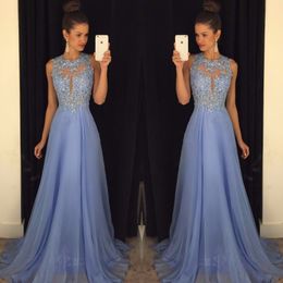 Light Blue Sexy Open Neck Prom Dresses crew sheer neck A Line Chiffon Lace Appliques Beaded Long 2017 sweep train evening party gowns