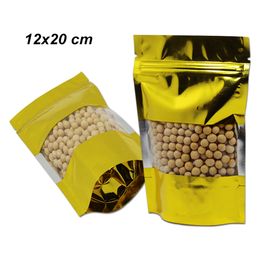 12x20 cm 100 Pieces Gold Stand Up Aluminium Foil Zipper Food Valve Reusable Packing Bags Mylar Foil Clear Window Food Storage Packaging Pouch