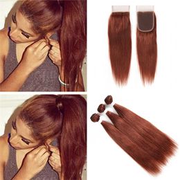 Dark Auburn Brown Human Hair Bundles With Lace Closure Colored 33 Copper Red Silky Straight Virgin Hair Weave With Closure