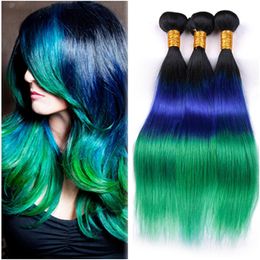 Peruvian #1B/Blue/Green Dark Root Ombre Human Hair Weaves Extensions Three Tone Colored Virgin Human Hair Bundle Deals Straight Double Wefts