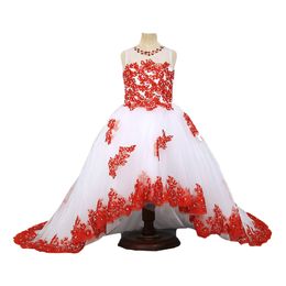 Red Applique Girls Pageant Dresses High Low Bateau Cap Sleeve Beaded Crystal Toddler Flower Girl Dresses Special Occasion Dress Kids