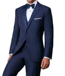 Fashion Navy Blue 3 Piece Suit Groom Tuxedos High Quality Bridegroom Wedding Suit Men Wedding Prom Dinner Blazer(Jacket+Pants+Tie+Vest) 434