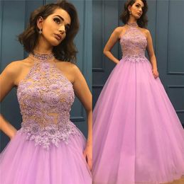 Exquisite High Neck Lace Long Prom Dresses Beads Tulle African Ball Cheap Party Formal Pageant Evening Formal Gowns Robe De Soiree