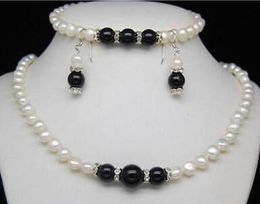 free shipping 7-8mm White Freshwater Pearl Black Necklace Bracelet Earrings Set