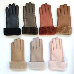 Whole Sale- Fashion Sheepskin Women Gloves Designer Fur Leather Five Fingers Gloves Solid Color Winter Outdoor Warm Mittens