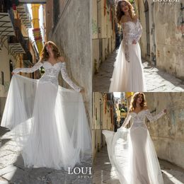 A Line Bohemian Wedding Dresses Lace Tulle Applique Long Sleeve Illusion Sweep Train Elegant Beach Bridal Dress Plus Size Wedding Gowns