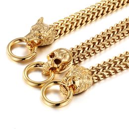 Punk Rock Men's Cool Gifts Biker stainelss steel Gold Double figaro Chain Bracelet wolf/lion/skull Heads Clasp Bangle Bracelet