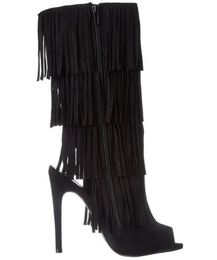 Women Boots 2018 Autumn Casual Black Suede Tassel Peep Toe Slingbacks Zipper High Heel Sandals Comfortable Large